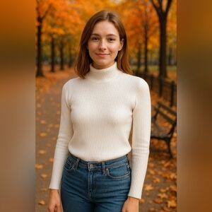 Women Solid Funnel Neck Rib Knit Sweater White